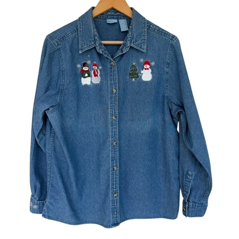 Vintage Holiday Editions Christmas Snowmen Embroidered Denim Button Up Shirt